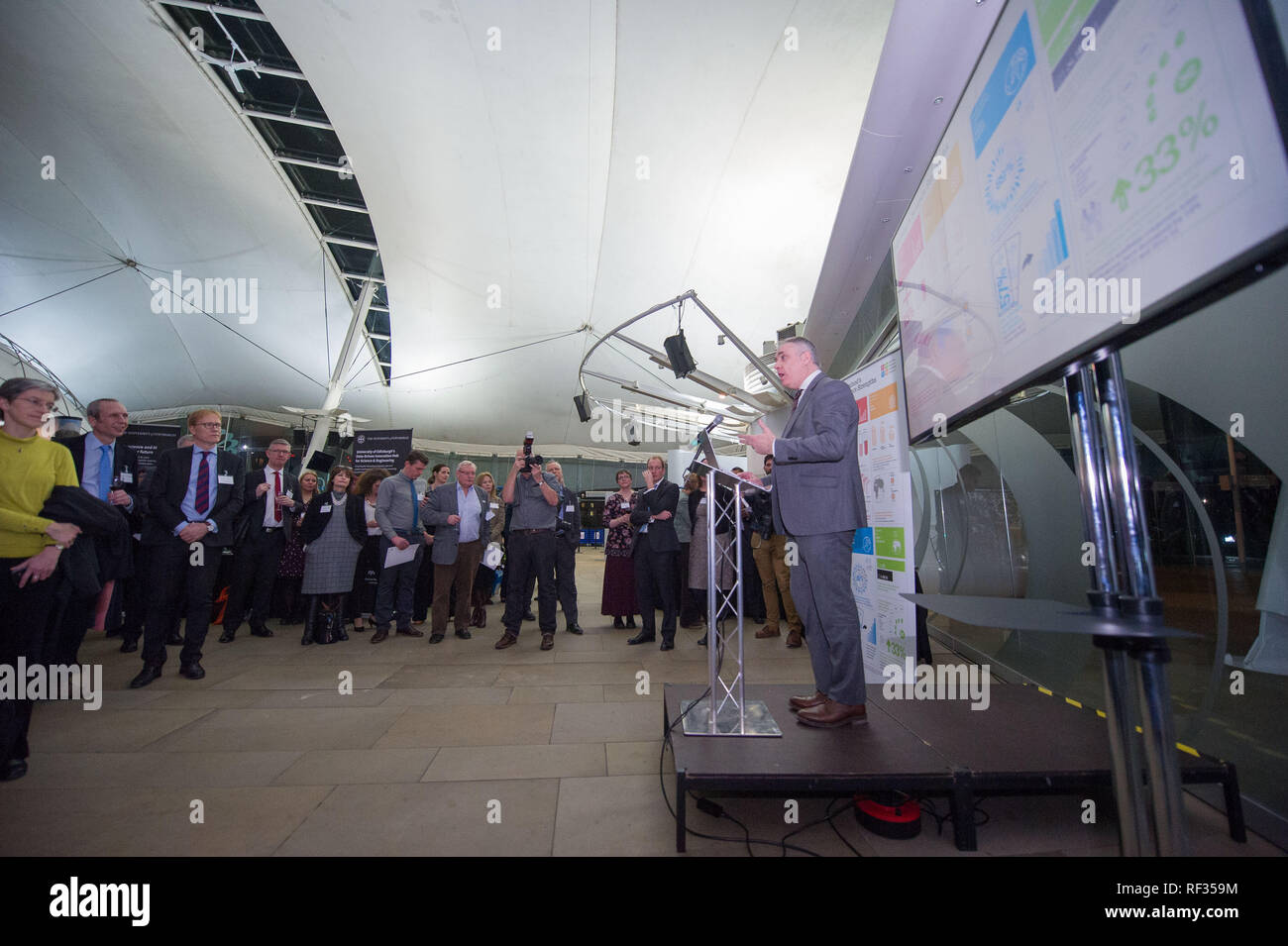 Edinburgh, UK. 23 January 2019.  Science Minister Richard Lochhead (pictured), Scottish Science Advisory Council Chair Professor Paul Boyle and Scotland's Chief Scientific Adviser Professor Sheila Rowan speak at the official launch of a major new report on Scottish science.  The report will examine the scientific landscape in Scotland between 2007 and 2016 and will compare how the Scottish science and research sector has performed against other similar sized countries. Credit: Colin Fisher/Alamy Live News Stock Photo