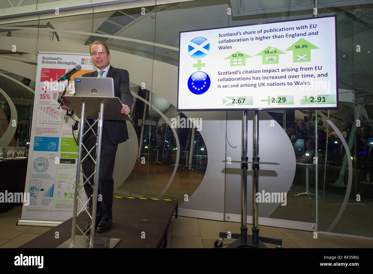 Edinburgh, UK. 23 January 2019.  Science Minister Richard Lochhead, Scottish Science Advisory Council Chair Professor Paul Boyle (pictured) and Scotland's Chief Scientific Adviser Professor Sheila Rowan  speak at the official launch of a major new report on Scottish science.  The report will examine the scientific landscape in Scotland between 2007 and 2016 and will compare how the Scottish science and research sector has performed against other similar sized countries. Credit: Colin Fisher/Alamy Live News Stock Photo