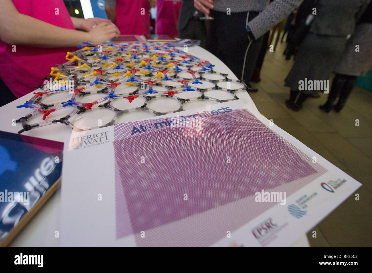 Edinburgh, UK. 23 January 2019.  Heriot Watt University Atomic Architects team present various models and structures showing on the atomic scale demonstrating different possibilities and applications for new technologies which will have massive impacts going forwards.  Science Minister Richard Lochhead, Scottish Science Advisory Council Chair Professor Paul Boyle and Scotland's Chief Scientific Adviser Professor Sheila Rowan speak at the official launch of a major new report on Scottish science. Credit: Colin Fisher/Alamy Live News Stock Photo