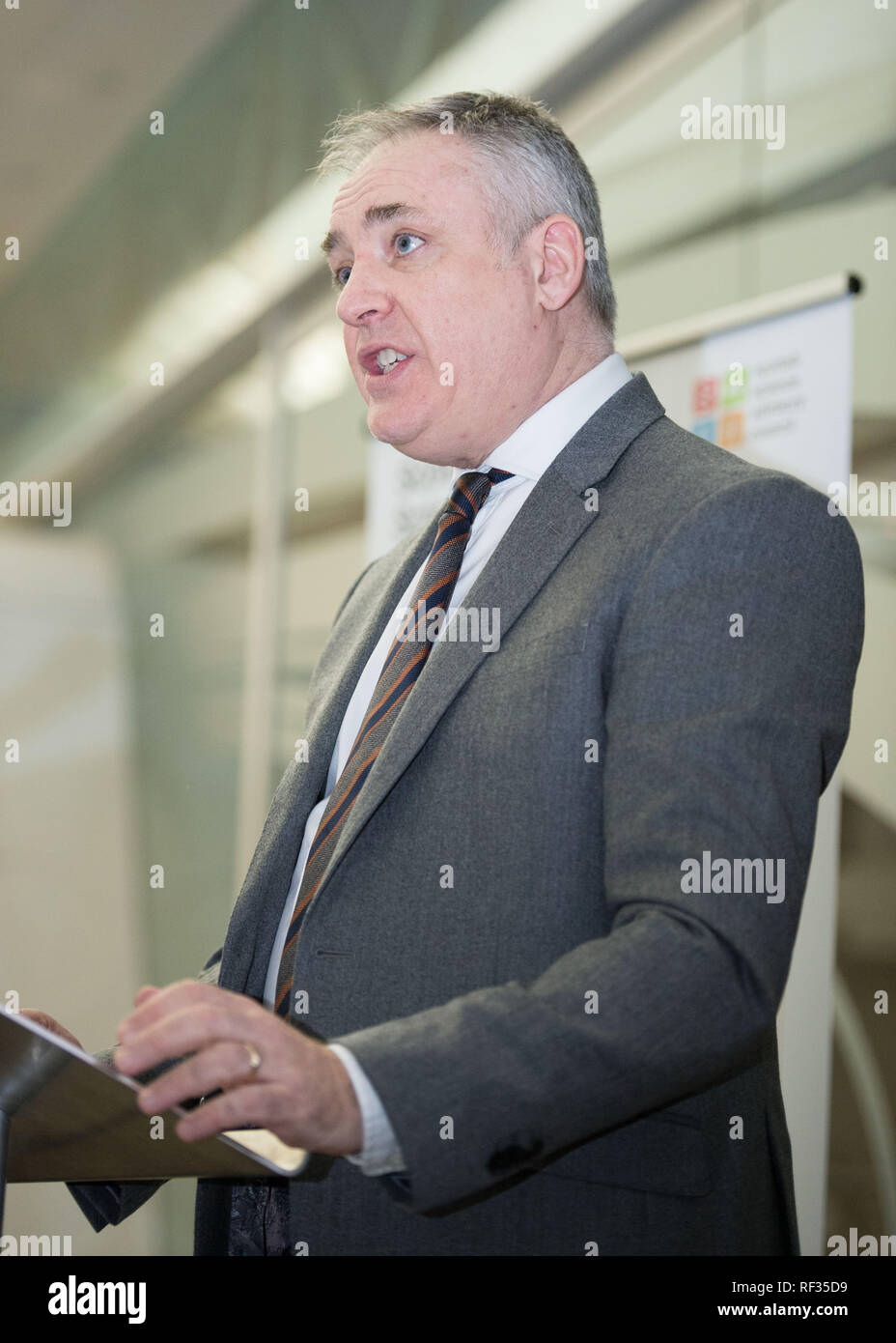 Edinburgh, UK. 23 January 2019.  Science Minister Richard Lochhead (pictured), Scottish Science Advisory Council Chair Professor Paul Boyle and Scotland's Chief Scientific Adviser Professor Sheila Rowan speak at the official launch of a major new report on Scottish science.  The report will examine the scientific landscape in Scotland between 2007 and 2016 and will compare how the Scottish science and research sector has performed against other similar sized countries. Credit: Colin Fisher/Alamy Live News Stock Photo