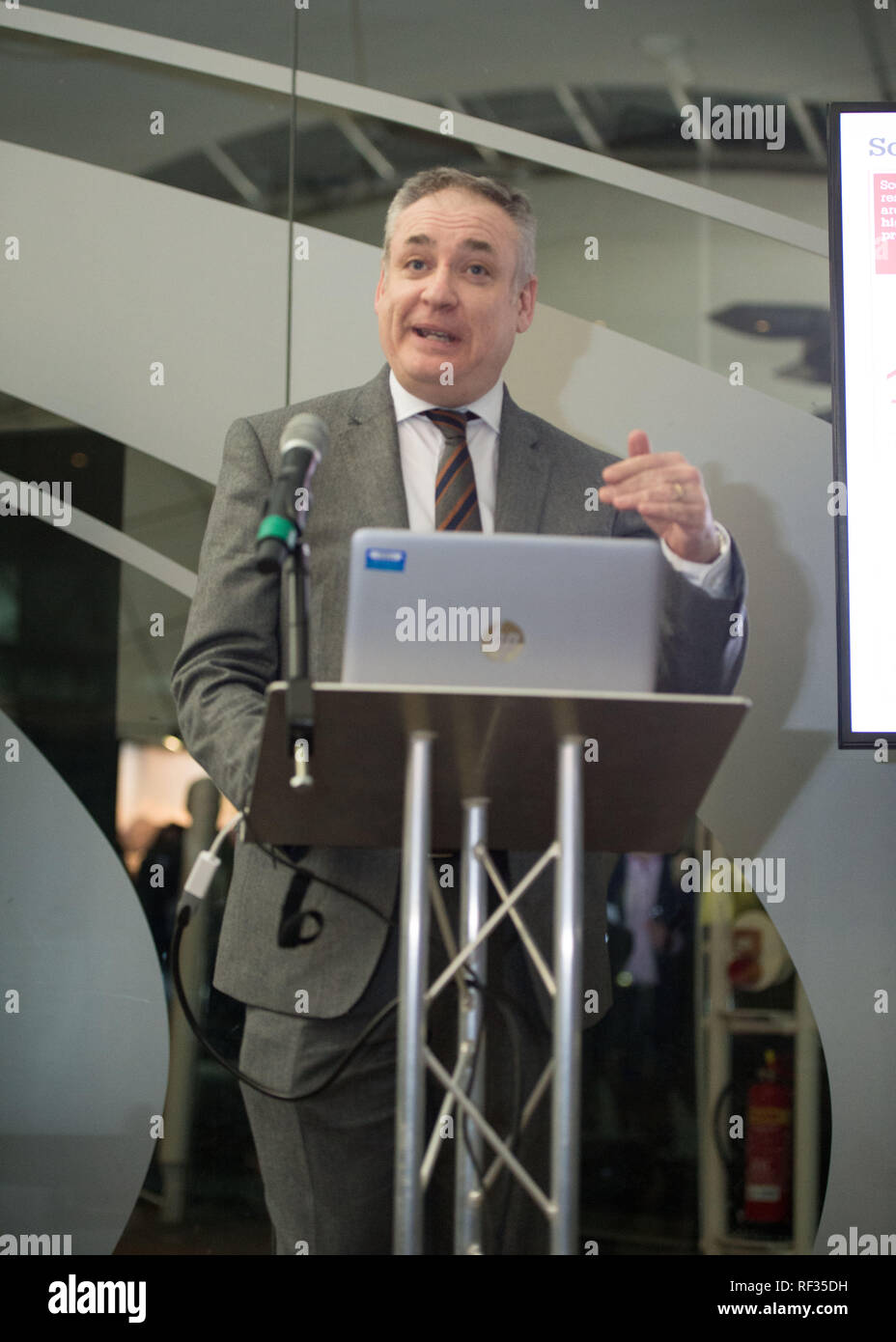 Edinburgh, UK. 23 January 2019.  Science Minister Richard Lochhead (pictured), Scottish Science Advisory Council Chair Professor Paul Boyle and Scotland's Chief Scientific Adviser Professor Sheila Rowan speak at the official launch of a major new report on Scottish science.  The report will examine the scientific landscape in Scotland between 2007 and 2016 and will compare how the Scottish science and research sector has performed against other similar sized countries. Credit: Colin Fisher/Alamy Live News Stock Photo