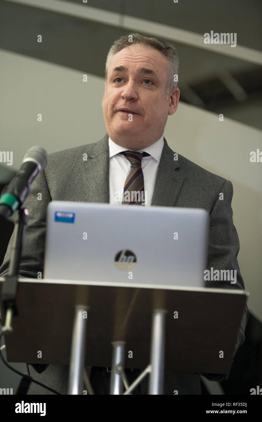 Edinburgh, UK. 23 January 2019.  Science Minister Richard Lochhead (pictured), Scottish Science Advisory Council Chair Professor Paul Boyle and Scotland's Chief Scientific Adviser Professor Sheila Rowan speak at the official launch of a major new report on Scottish science.  The report will examine the scientific landscape in Scotland between 2007 and 2016 and will compare how the Scottish science and research sector has performed against other similar sized countries. Credit: Colin Fisher/Alamy Live News Stock Photo