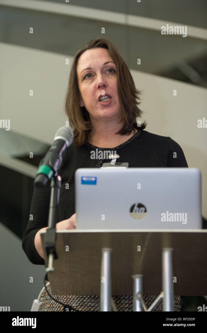 Edinburgh, UK. 23 January 2019.  Science Minister Richard Lochhead, Scottish Science Advisory Council Chair Professor Paul Boyle and Scotland's Chief Scientific Adviser Professor Sheila Rowan (pictured) speak at the official launch of a major new report on Scottish science.  The report will examine the scientific landscape in Scotland between 2007 and 2016 and will compare how the Scottish science and research sector has performed against other similar sized countries. Credit: Colin Fisher/Alamy Live News Stock Photo