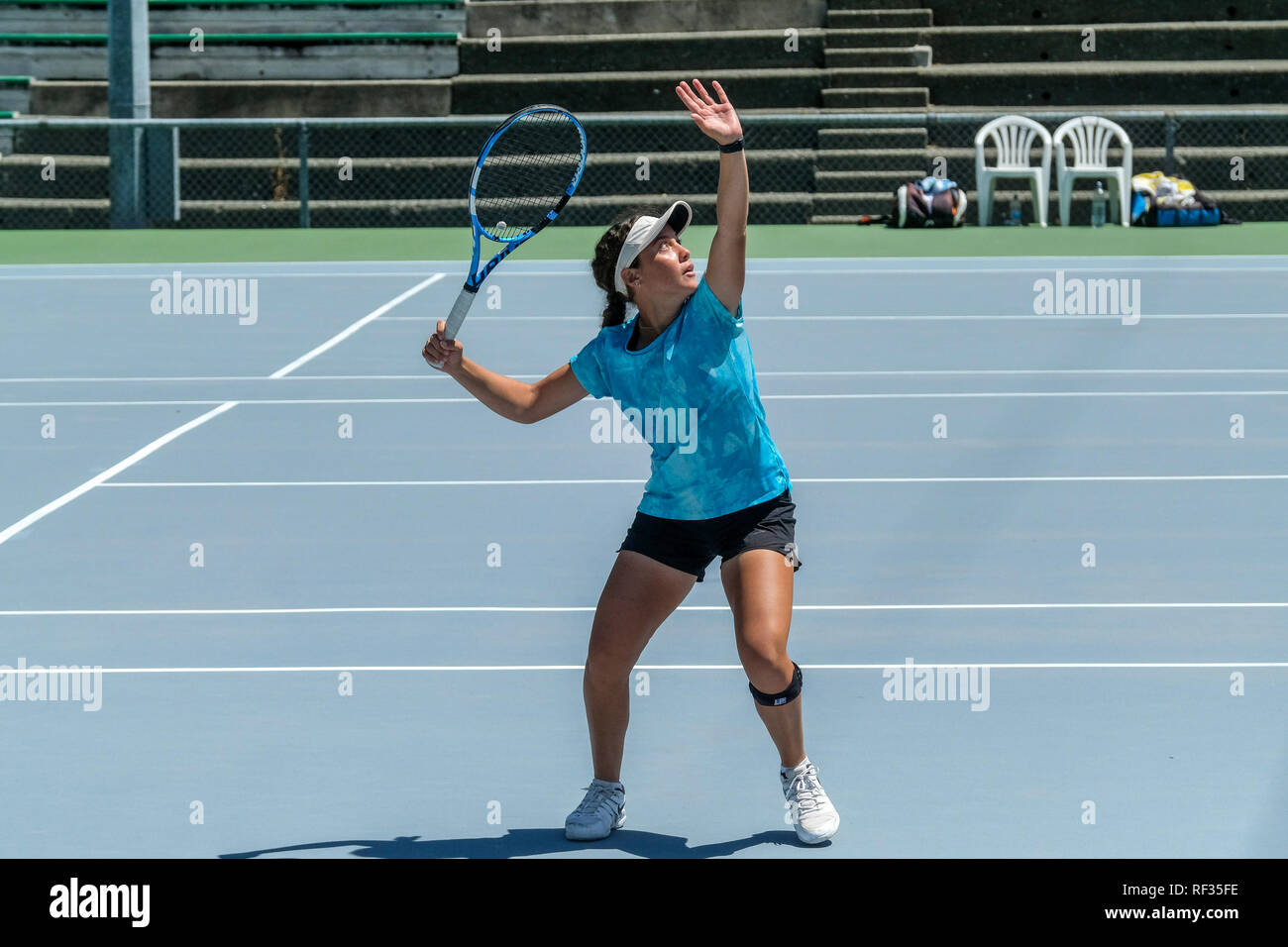 Wellington, New Zealand. 24th January, 2019. Saoirse Breen of Fiji competes with doubles partner Elena Micic of Australia against Katja Wiersholm and Jennifer Kida of the USA during the girls' doubles quarterfinal at the 2019 Tecnifibre Wellington ITF Junior Tennis Tournament. Credit: Rainer Macalister/Alamy Live News Stock Photo
