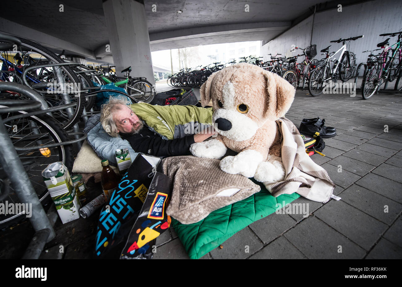 22 January 2019, Rhineland-Palatinate, Mainz: Paule (58), homeless and a self-confessed alcoholic, lies with a cloth dog 'Big Foot' under a bridge in the state capital. He prefers to sleep on the street, in the official accommodations there are always trouble, fights, alcohol problems and thefts. Over the winter, the city of Mainz has set up residential containers for the homeless at Fort Hauptstein near the main railway station. The Evangelische Wohnungslosenhilfe Mainz looks after the offer. (to dpa 'One night outdoors can be life-threatening in frost' from 24.01.201) Photo: Andreas Arnold Stock Photo