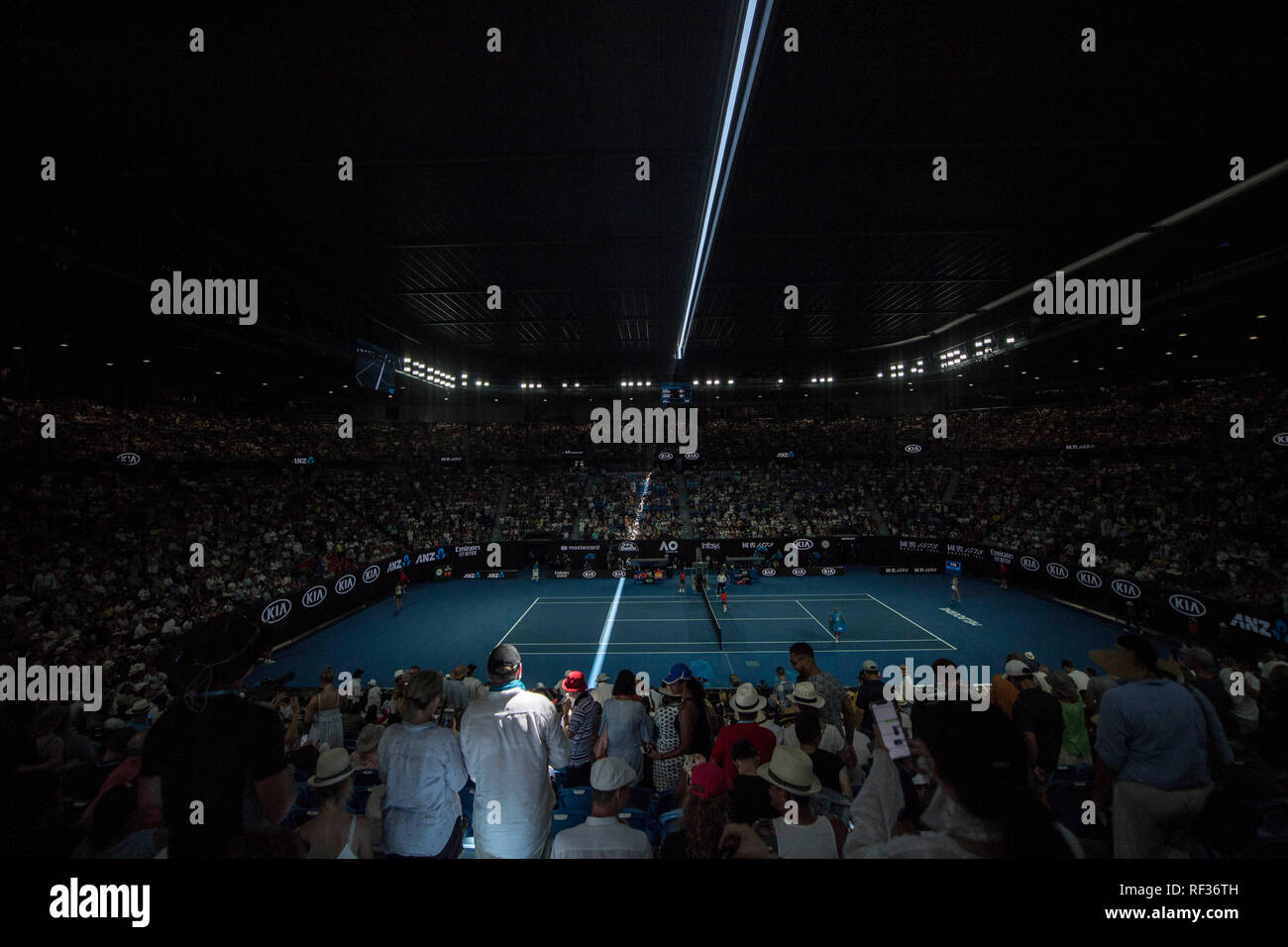 Melbourne, Australia. 24th Jan, 2019. Spectators wait for the women's  semifinal match as Rod Laver Arena shutting its sunshades during the 2019  Australian Open in Melbourne, Australia, on Jan. 24, 2019. The