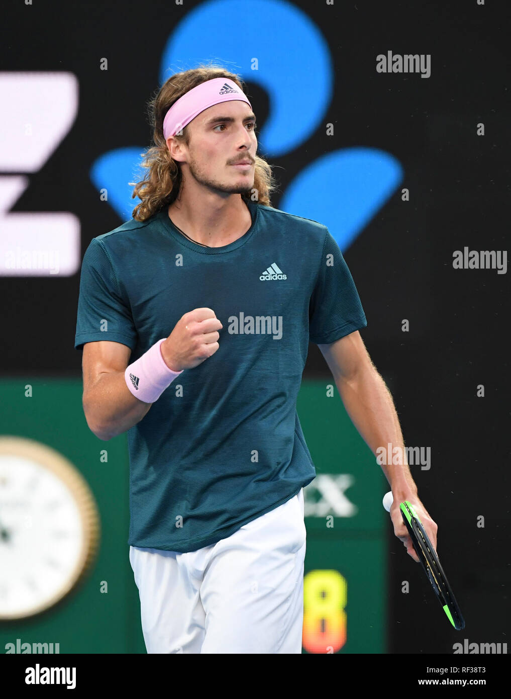 Melbourne, Australia. 24th Jan, 2019. Stefanos Tsitsipas of Greece reacts  during the men's singles semifinal match between Rafael Nadal of Spain and  Stefanos Tsitsipas of Greece at the 2019 Australian Open in