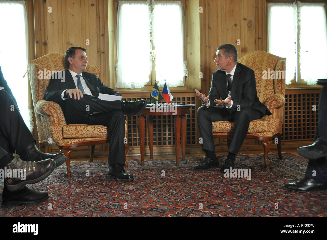 Davos, Switzerland. 24th Jan, 2019. Czech Prime Minister Andrej Babis (right) meet with President of Brazil Jair Bolsonaro (rileftht) within the World Economic Forum in Davos, Switzerland, on January 24, 2019. Credit: Jakub Strihavka/CTK Photo/Alamy Live News Stock Photo