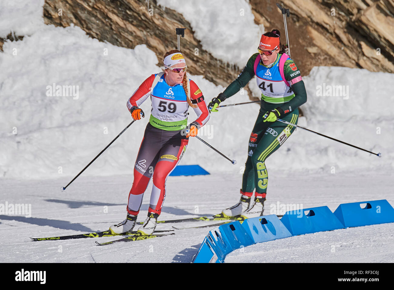 Lenzerheide, Switzerland. 24th Jan, 2019. Simone Kupfner and Marie Heinrich during the 2019 IBU Biathlon Cup Women 7.5 km Sprint competition in Lenzerheide. Credit: Rolf Simeon/Alamy Live News Stock Photo