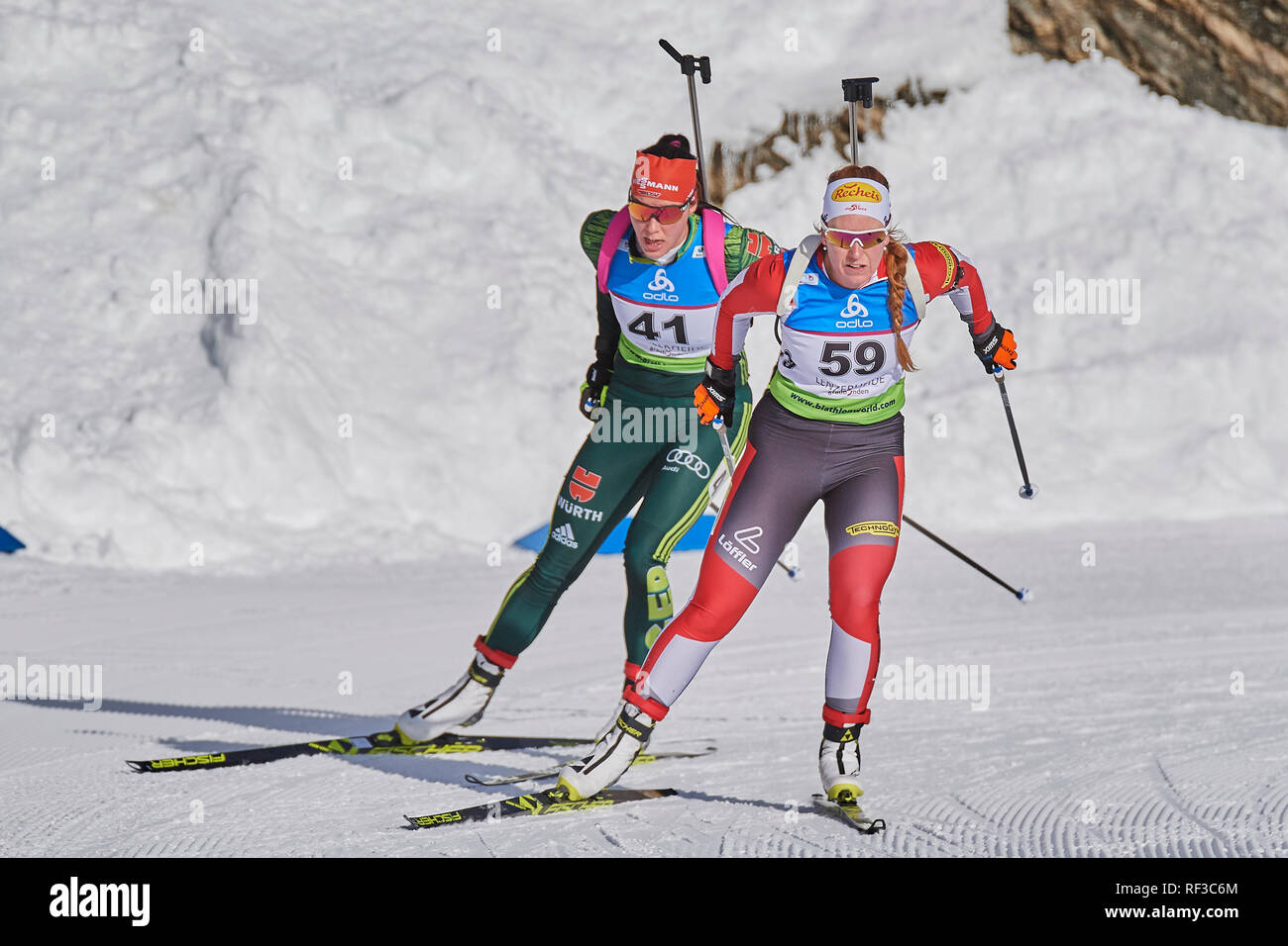 Lenzerheide, Switzerland. 24th Jan, 2019. Simone Kupfner and Marie Heinrich during the 2019 IBU Biathlon Cup Women 7.5 km Sprint competition in Lenzerheide. Credit: Rolf Simeon/Alamy Live News Stock Photo