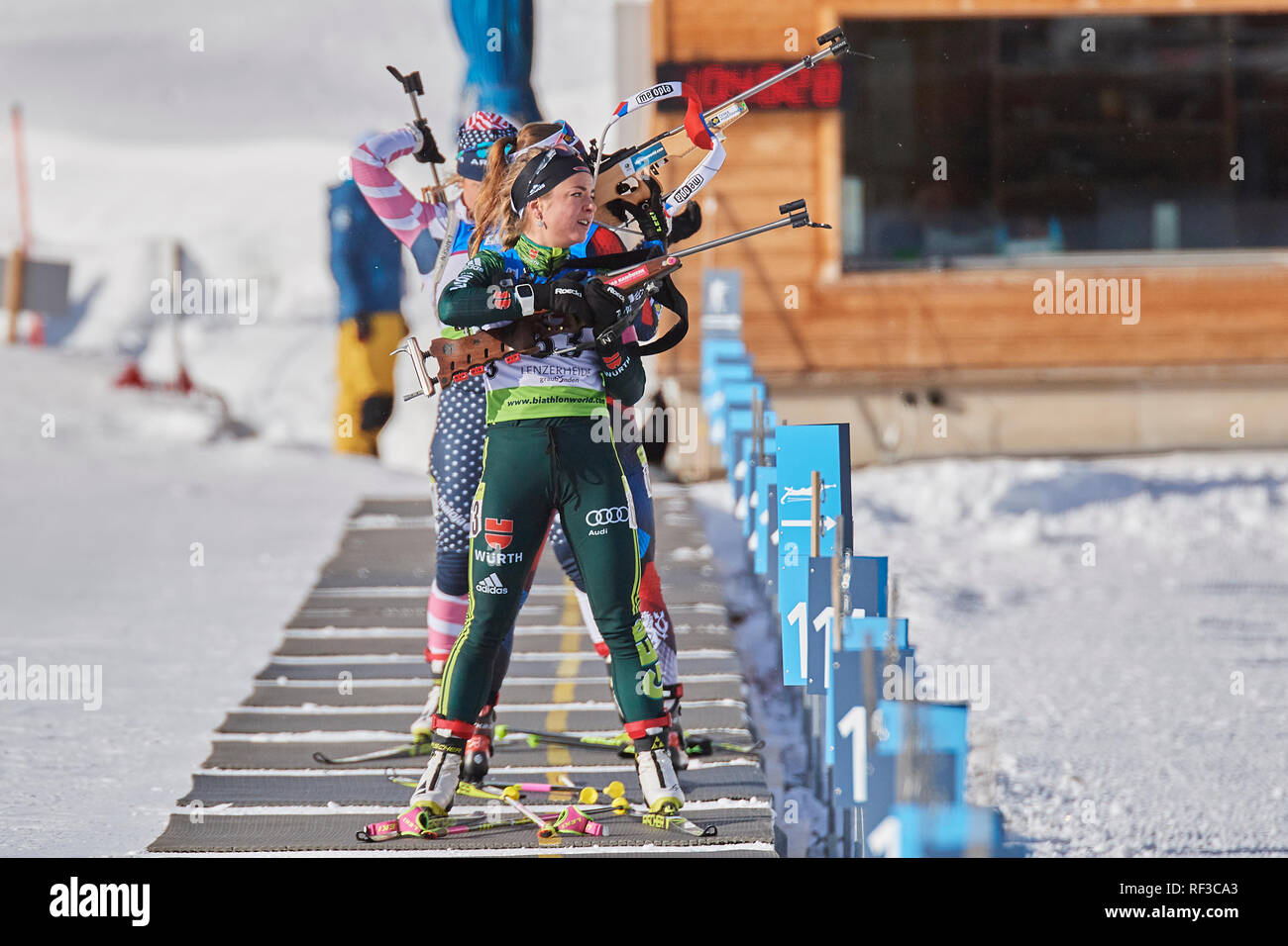 Lenzerheide, Switzerland. 24th Jan, 2019. Marion Deigentesch and Chloe  Levins during the 2019 IBU Biathlon Cup Women 7.5 km Sprint competition in  Lenzerheide. Credit: Rolf Simeon/Alamy Live News Stock Photo - Alamy