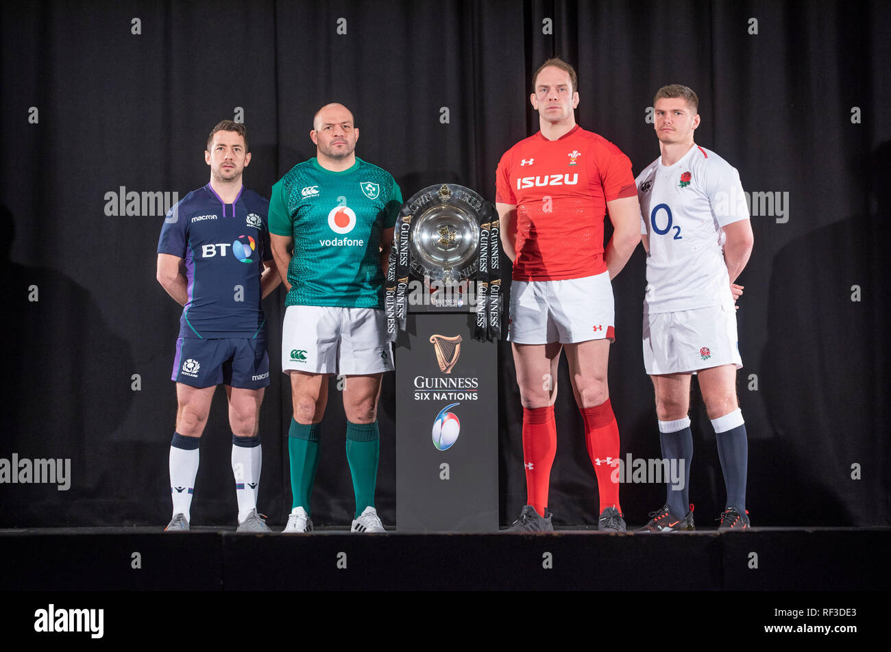Swansea, UK. 23rd Jan, 2019. Guinness Six Nations Rugby Tournament launch  at the Hurlingham Club in London - 23rd January 2019 Six Nations rugby  captains (L-R) Scotland's Greig Laidlaw, Ireland's Rory Best,