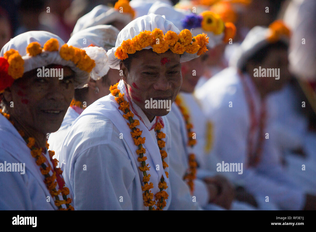 (190124) -- KATHMANDU, Jan. 24, 2019 (Xinhua) -- Priests from Newar community in traditional attire participate in the Khadgi Festival at Tundikhel in Kathmandu, Nepal, Jan. 24, 2019. (Xinhua/ Sulav Shrestha) Stock Photo