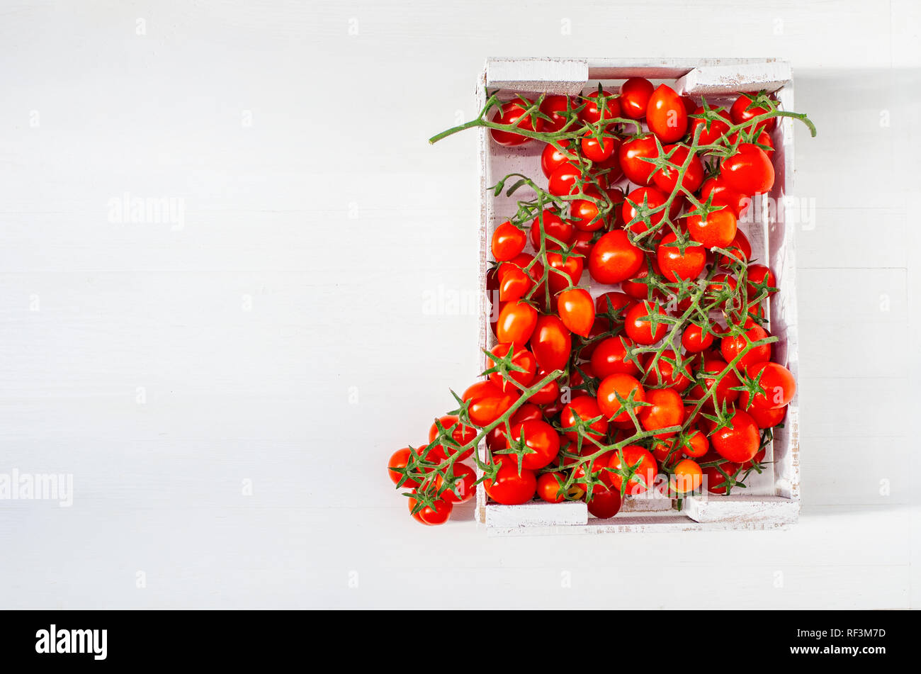 Picking tomatoes. Cherry tomatoes on a branch in a wooden box on a white background. Stock Photo