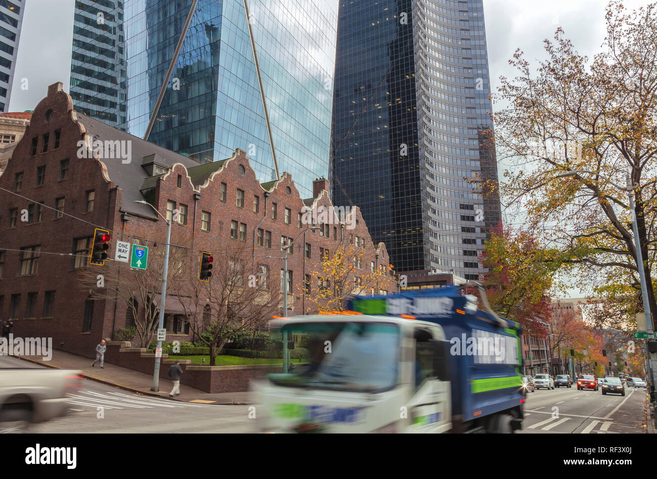 Seattle downtown in wintertime, with the architecture of the Rainier Club and city high rises, Washington, United States. Stock Photo
