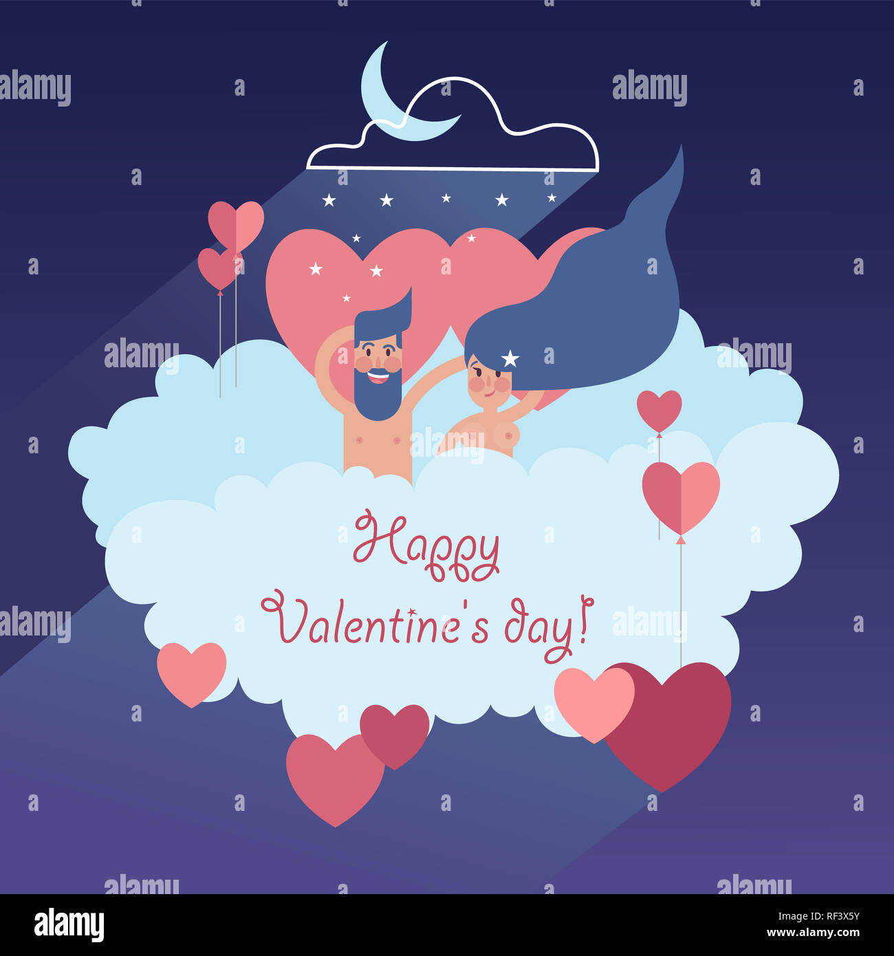 Illustration of a couple in an air balloon of moon hi-res stock ...