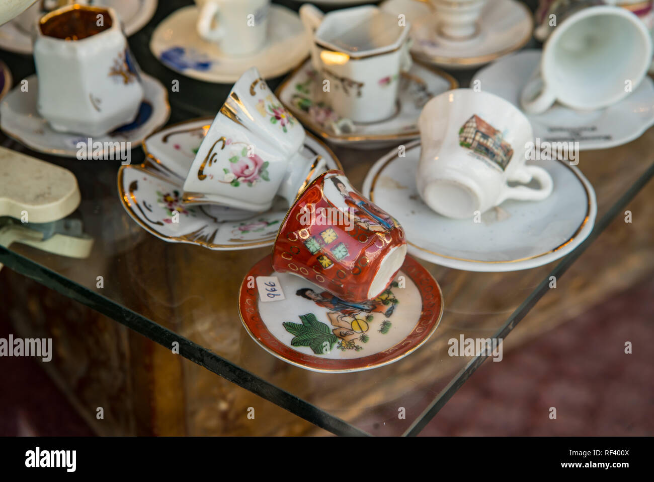 Typical Portuguese souvenirs are presented on a show-window for involvement of buyers Stock Photo