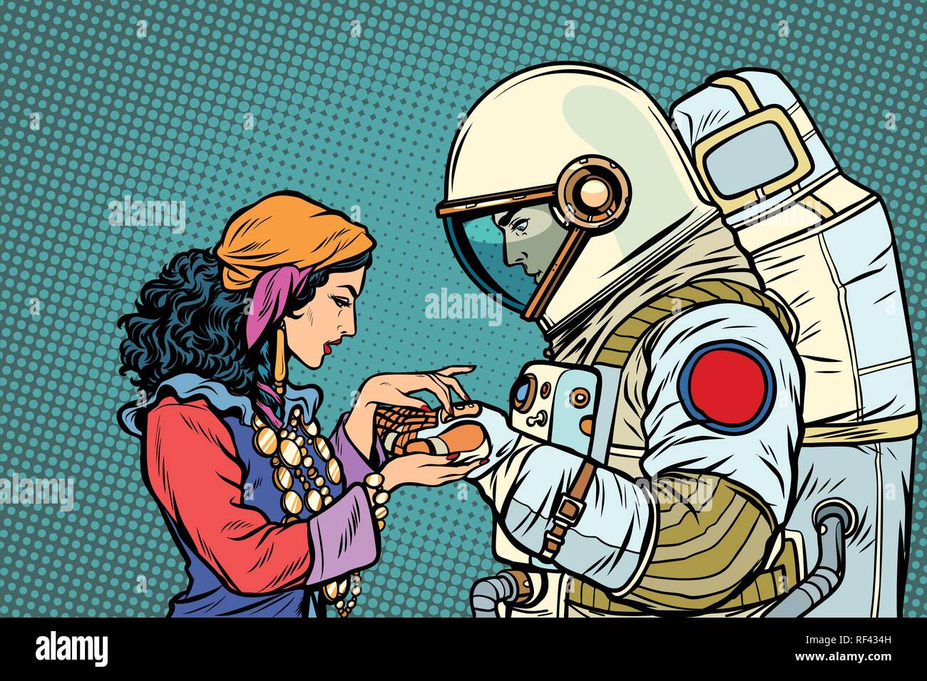 The fortune teller, and an astronaut. Palmistry by hand Stock Vector