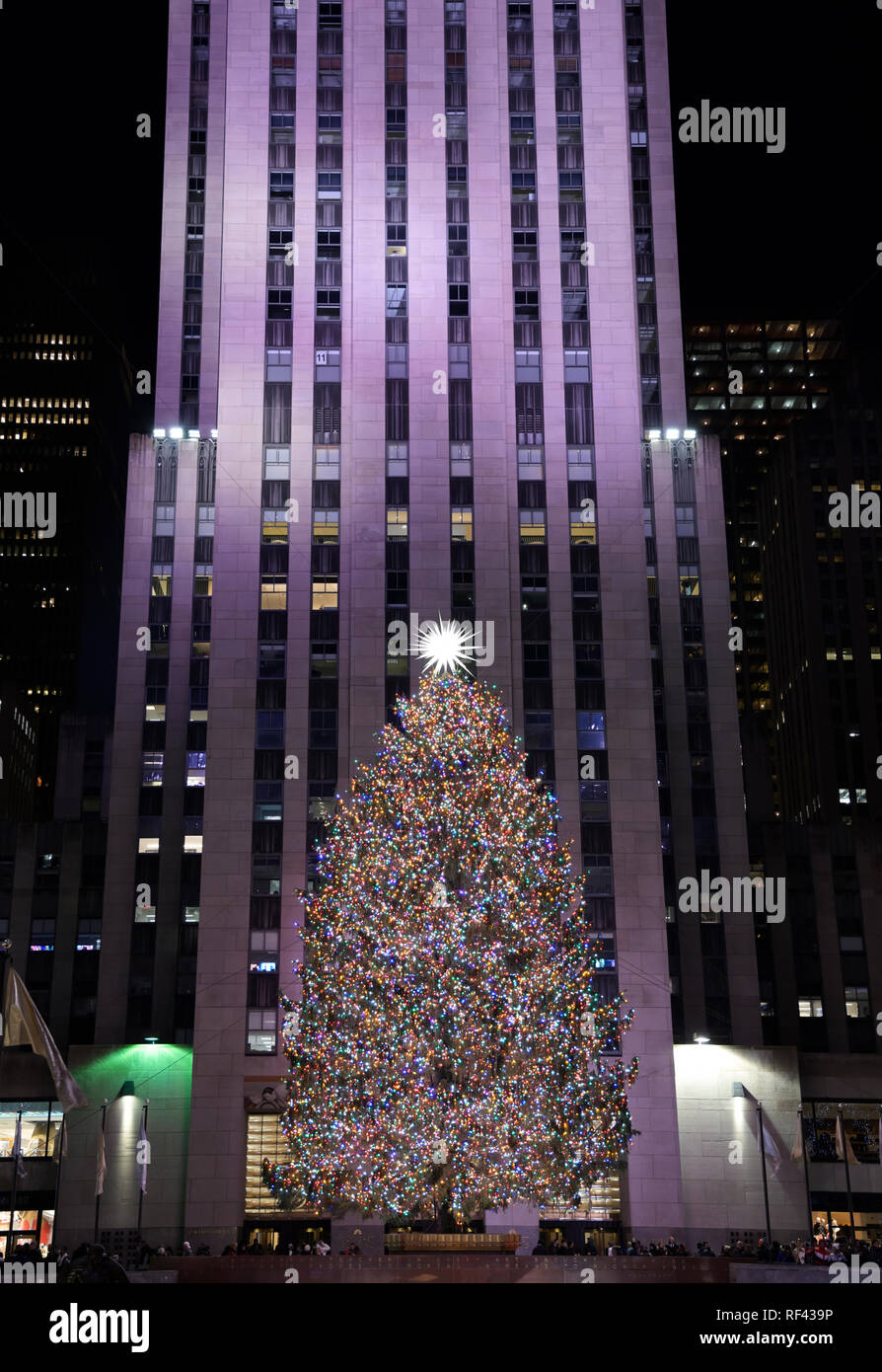 Christmas tree at Rockefeller Center, New York midtown Stock Photo