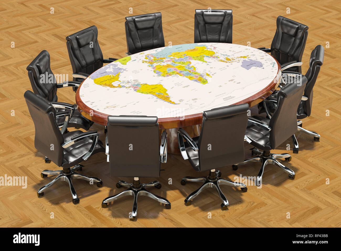 Global political meeting concept. Round table with political map of
