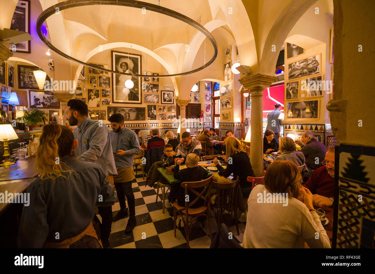 Spanish tapas bar, Giralda, interior restaurant, Cerveceria Giralda in Seville, Andalucia, Southern Spain. Stock Photo