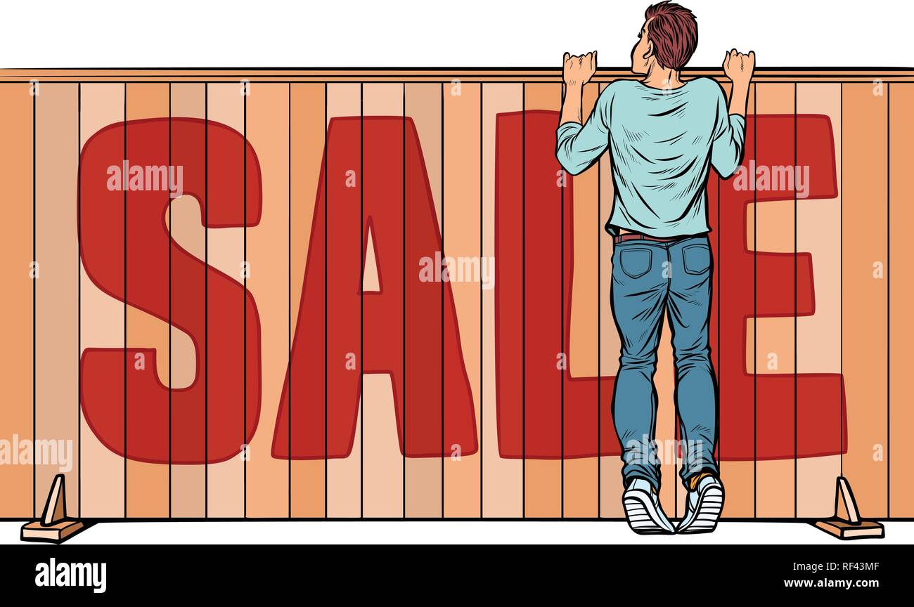 a man looks over the fence. sale house real estate Stock Vector