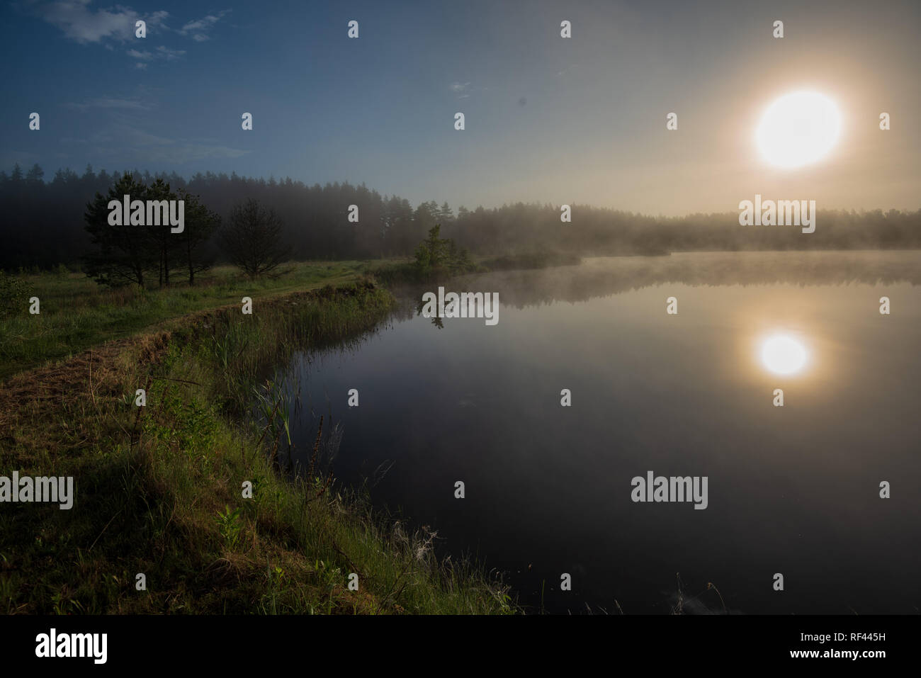 misty morning by the lake with blue sky, wet grass and mist reflections ...