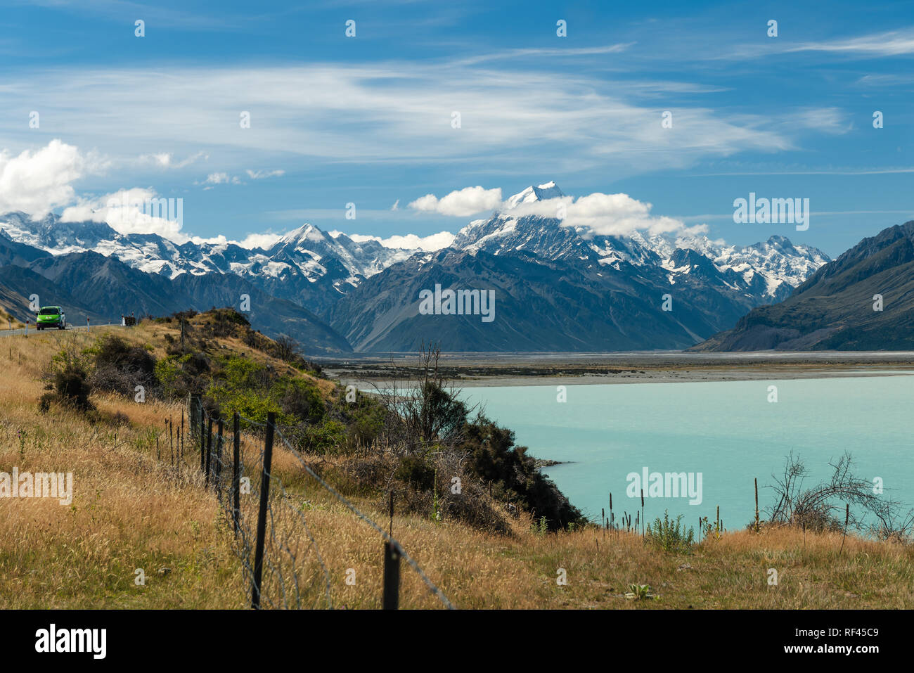 Mount Cook Road Trip and Lake Pukaki, South Island of New Zealand Stock Photo