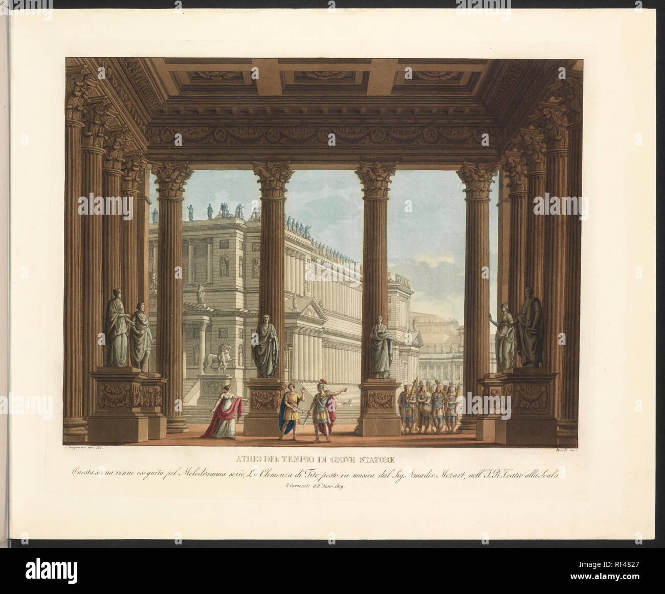 Caption: Questa scena esequita pel melodramma serio, La Clemenza di Tito, posto in musica dal sig. Amadeo Mozart, nell'I.R. Teatro alla Scala il carnevale dell'anno 1819. Stock Photo