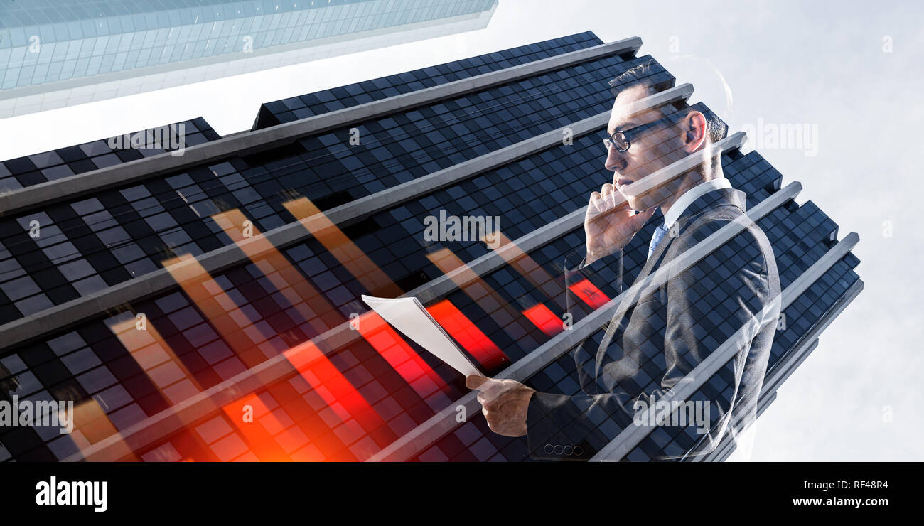 Double exposure of pensive businessman and modern city Stock Photo - Alamy