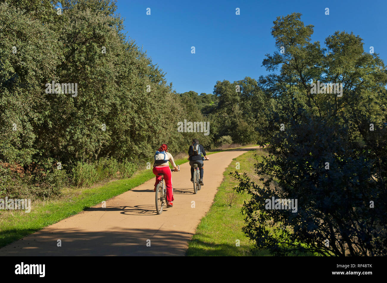 Sierra Norte Natural Park - Cyclists in the Sierra Greenway. San Nicolas del Puerto. Seville province. Region of Andalusia. Spain. Europe Stock Photo