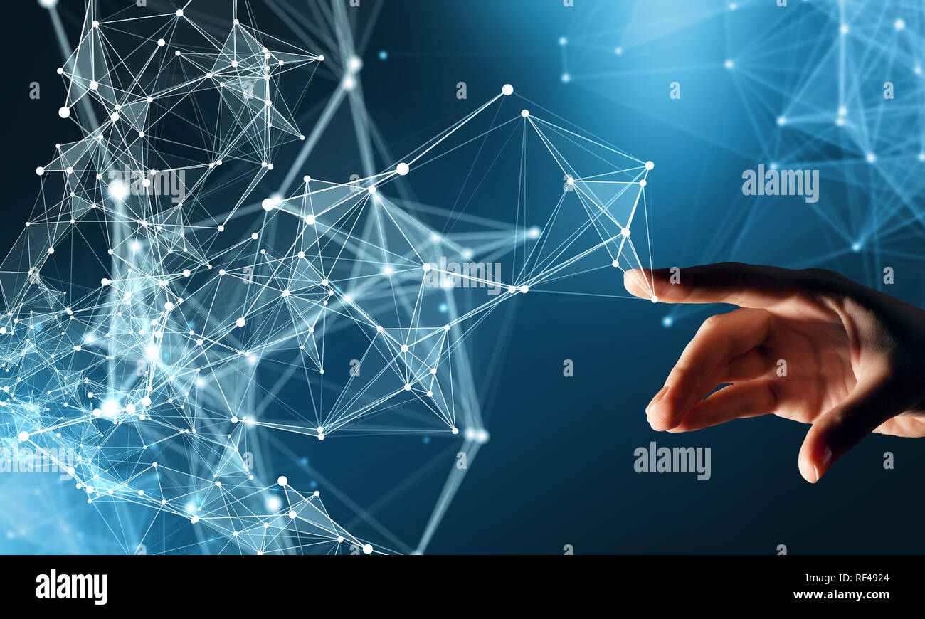 Hand touch technology background with lines and dots. 3d rendering ...