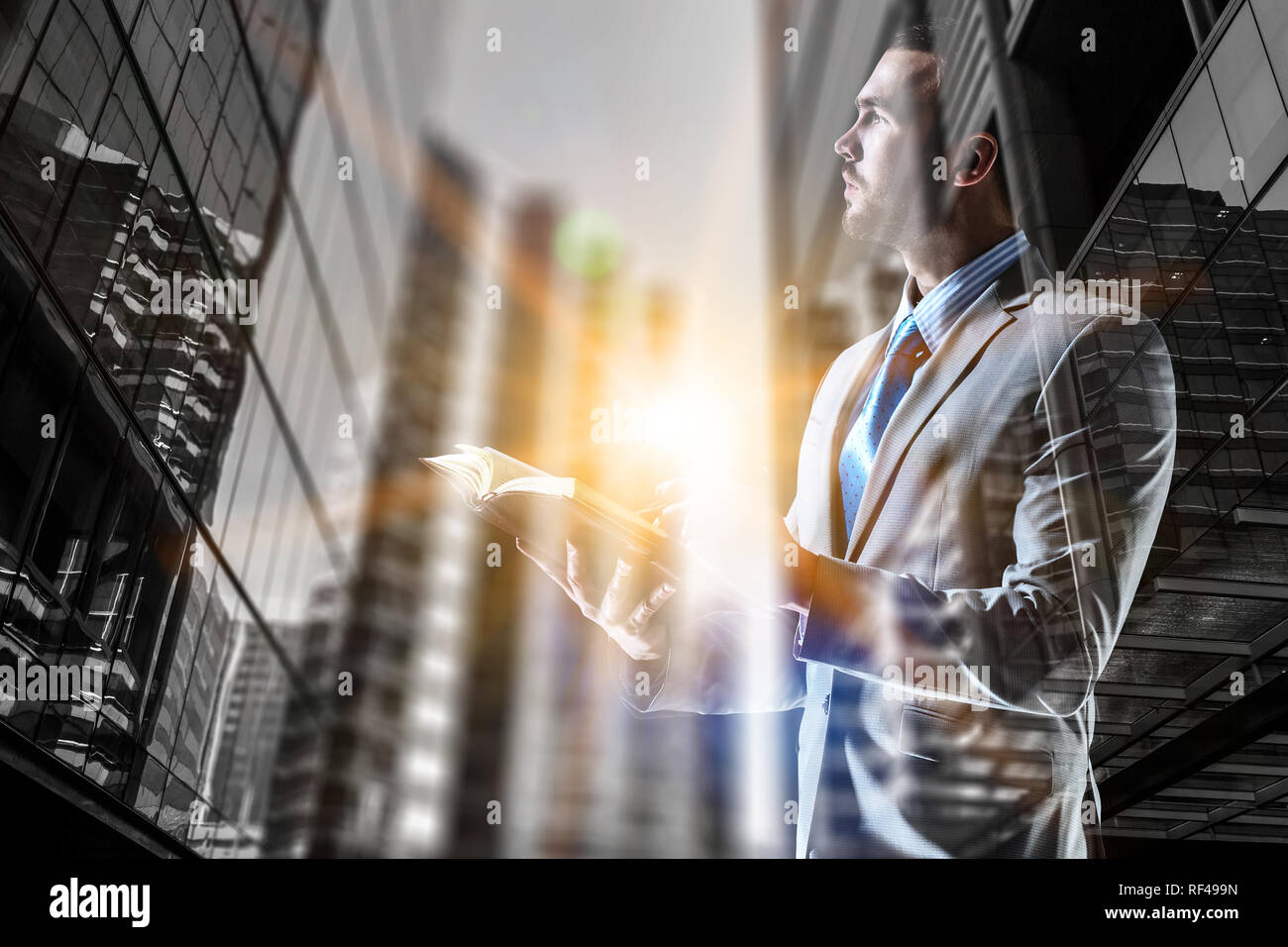 Double exposure of pensive businessman and modern city Stock Photo - Alamy