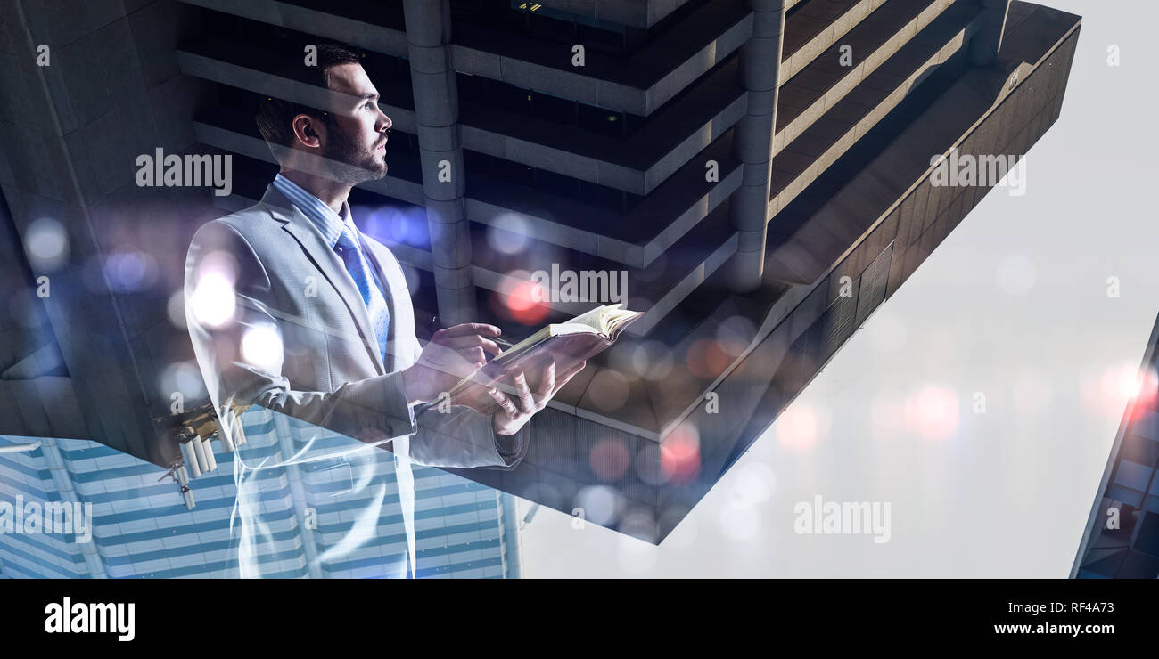 Double exposure of pensive businessman and modern city Stock Photo - Alamy
