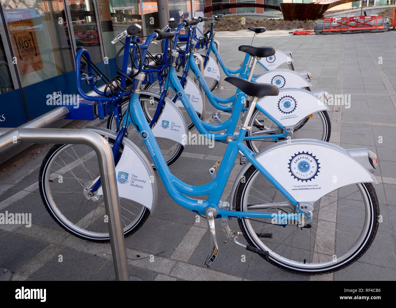 Public hire bicycles sponsored by University of Sheffield, Sheffield, South Yorkshire, England, UK. Stock Photo