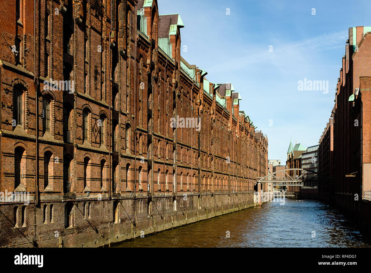 beautiful view over warehouse district against river and sky, Hamburg, Germany Stock Photo