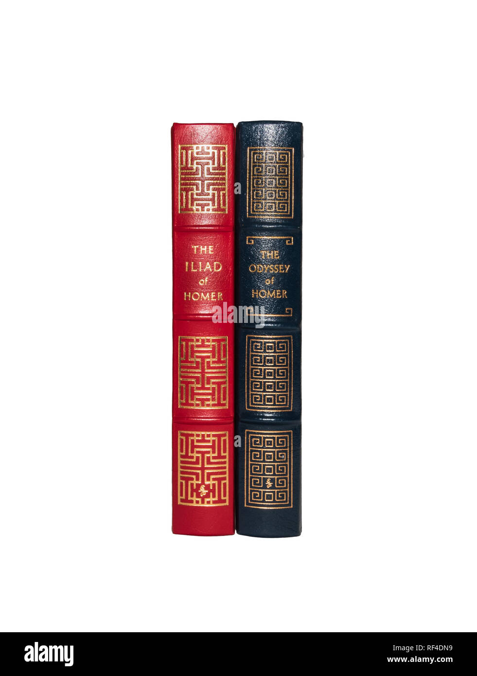 Easton Press leather-bound editions of The Iliad and The Odyssey, by Homer, isolated on pure white background. Stock Photo