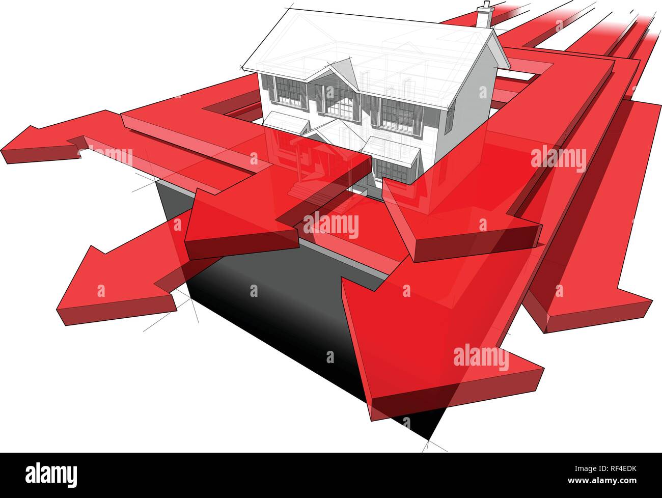 diagram of a classic colonial house and many arrows speeding around the house in an abstract business diagram Stock Vector