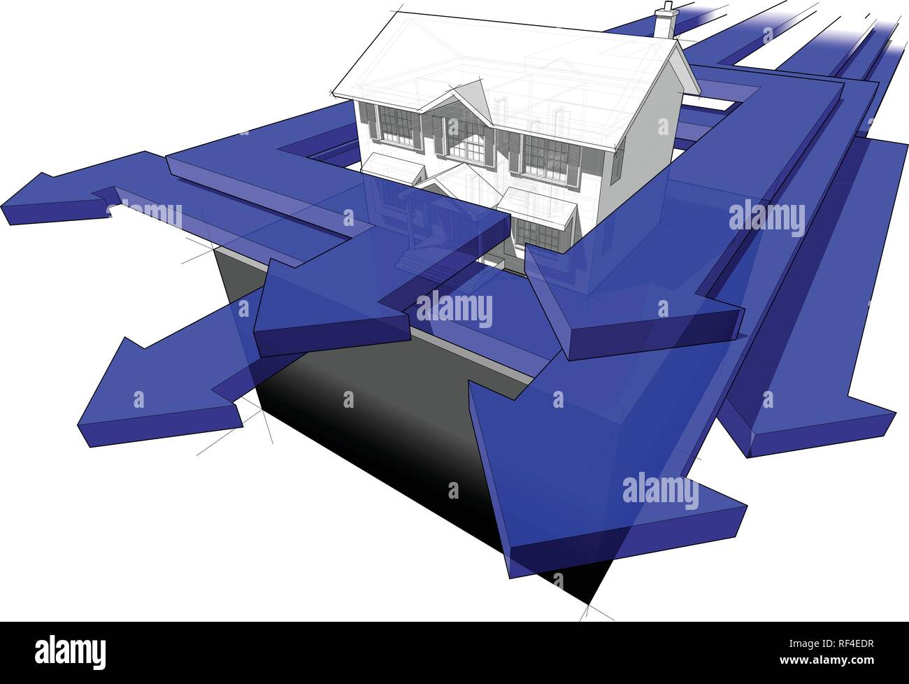 diagram of a classic colonial house and many arrows speeding around the house in an abstract business diagram Stock Vector