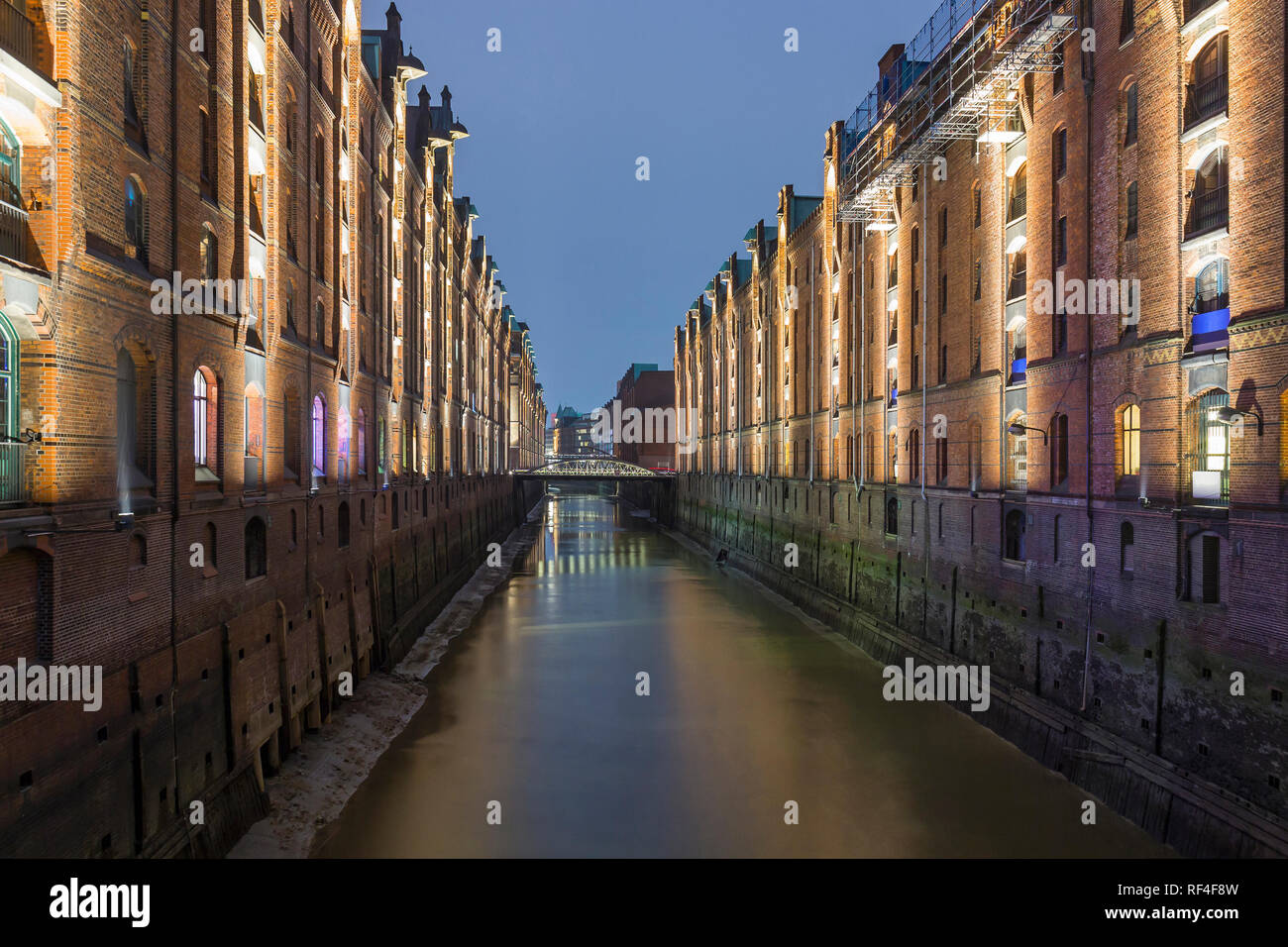 Speicherstadt, large warehouse district of Hamburg at night, Germany Stock Photo