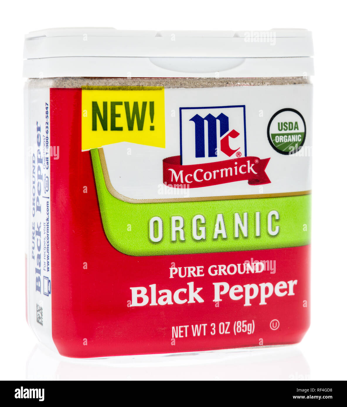 Winneconne, WI - 11 January 2019:  A package of McCormick organic pure ground pepper on an isolated background. Stock Photo