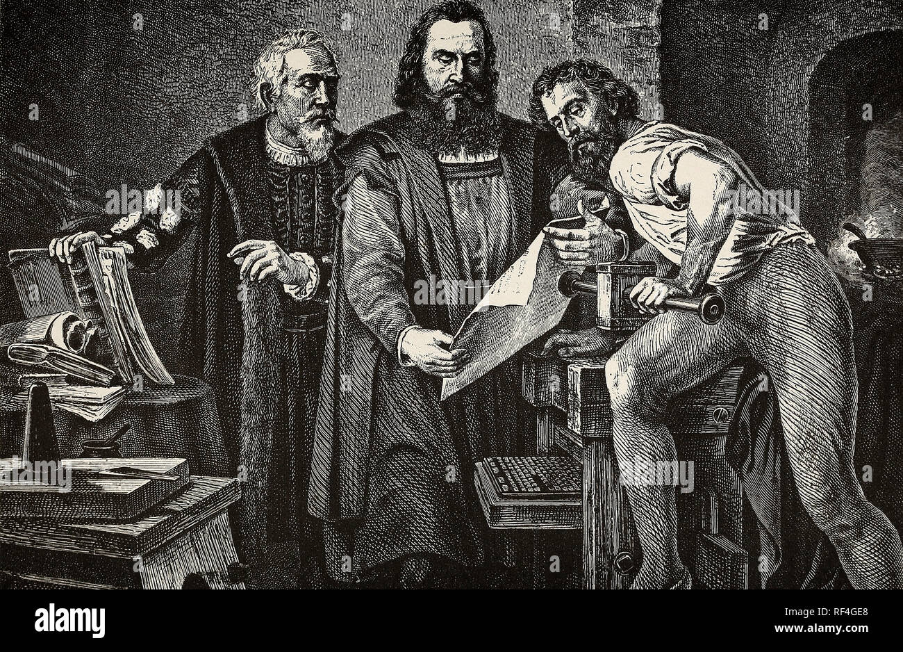The invention of printing - Gutenberg reading the first sheet from his press Stock Photo