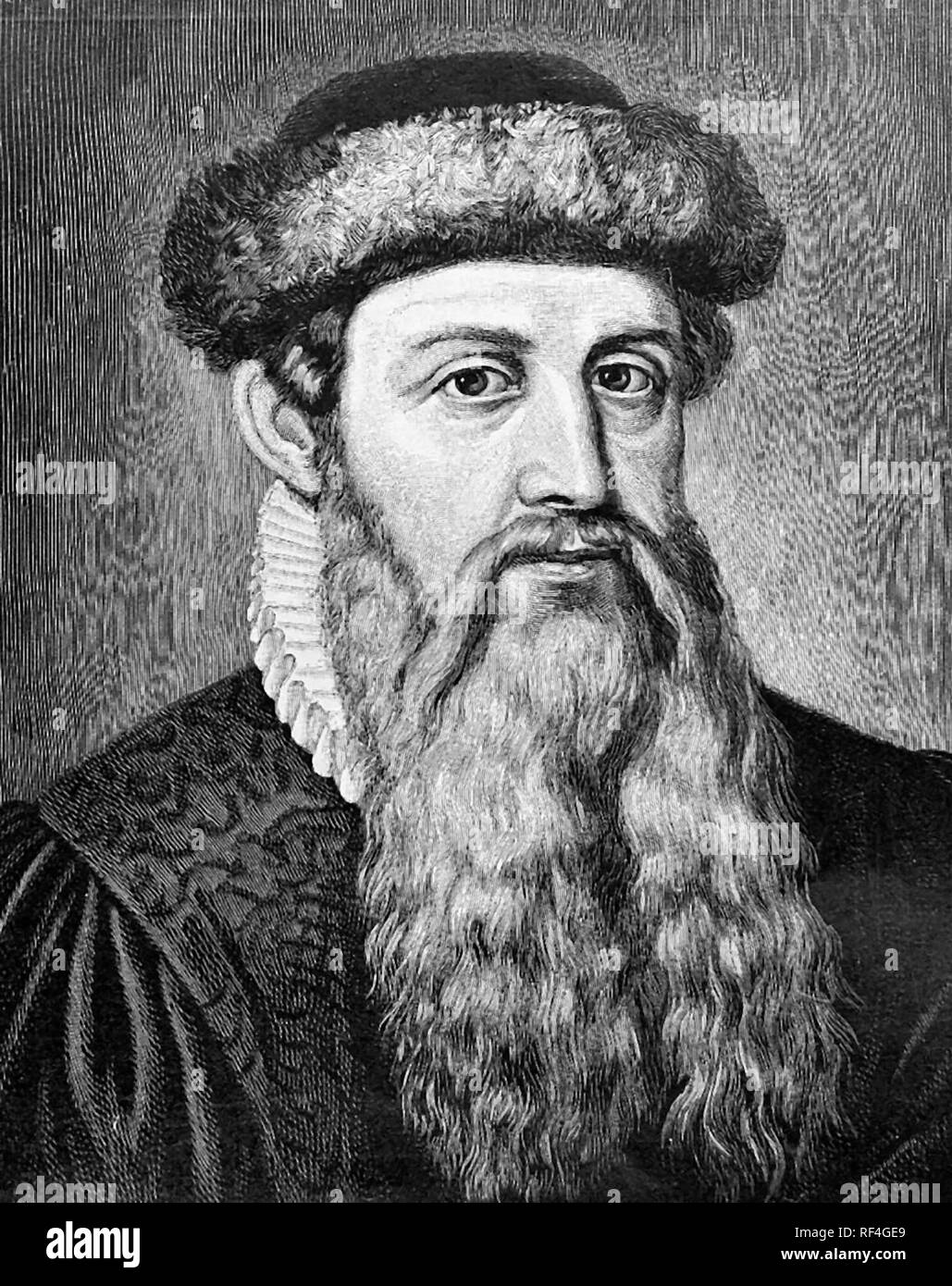 Johannes Gutenberg, a German blacksmith, goldsmith, inventor, printer, and publisher who introduced printing to Europe with the printing press. Stock Photo