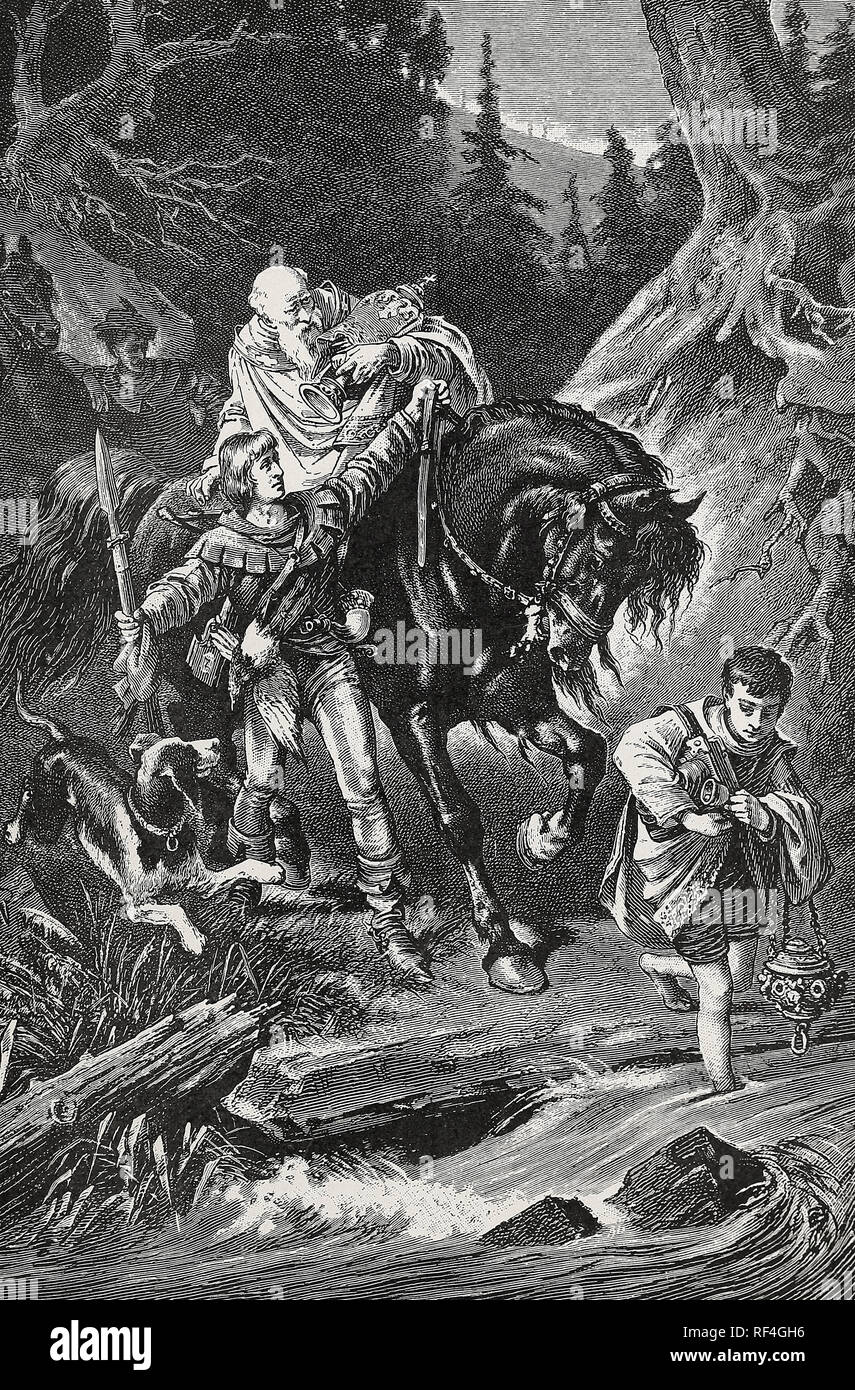 Rudolf of Hapsburg and the Priest - The lad who became Emperor performs his First Act of Service for the Church Stock Photo