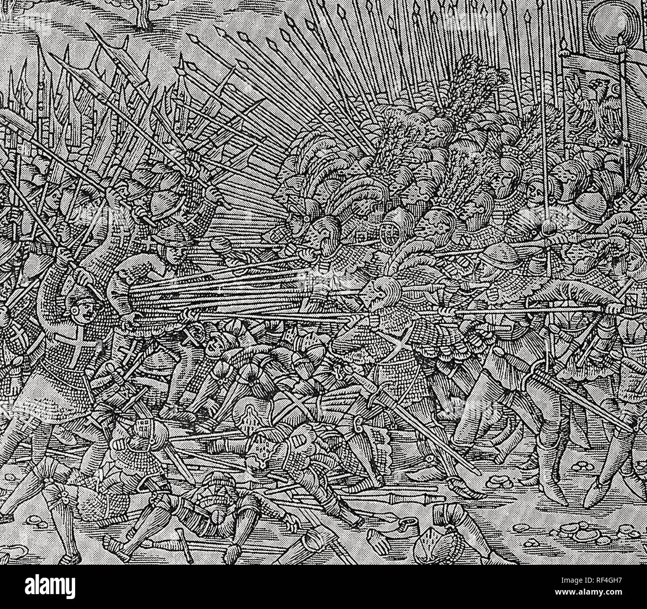 The Battle of Sempach - The Battle of Sempach was fought on 9 July 1386, between Leopold III, Duke of Austria and the Old Swiss Confederacy. The battle was a decisive Swiss victory in which Duke Leopold and numerous Austrian nobles died. Stock Photo
