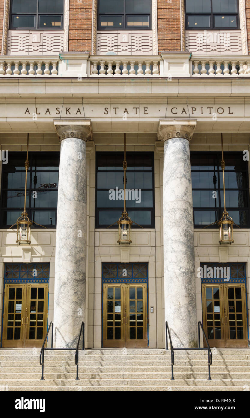 Front doors entrance exterior of the Alaska State Capitol building with marble columns, Juneau, Alaska, United States Stock Photo