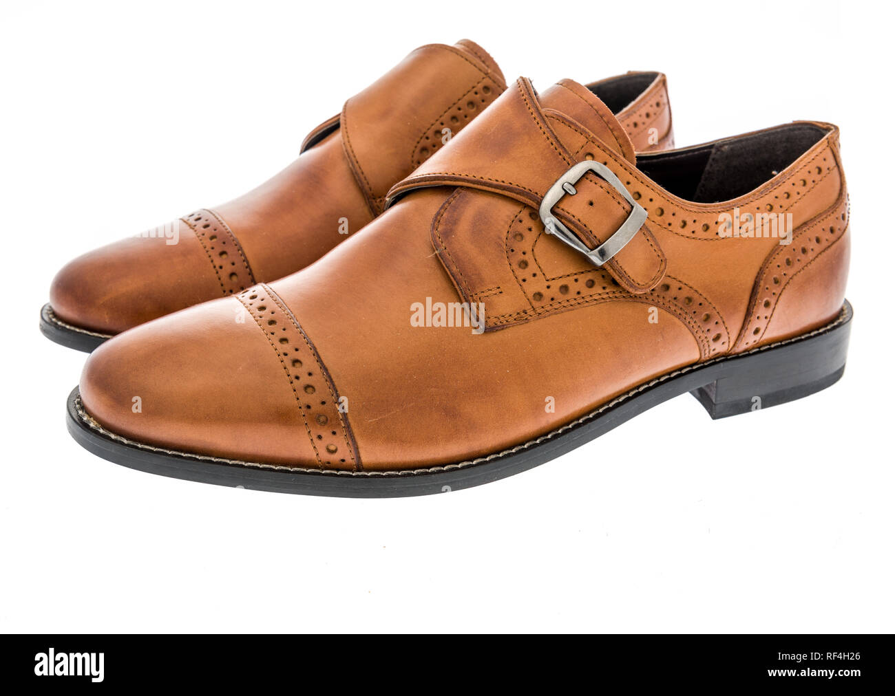 A pair of Monk single strap cap toe dress shoes on an isolated background Stock Photo