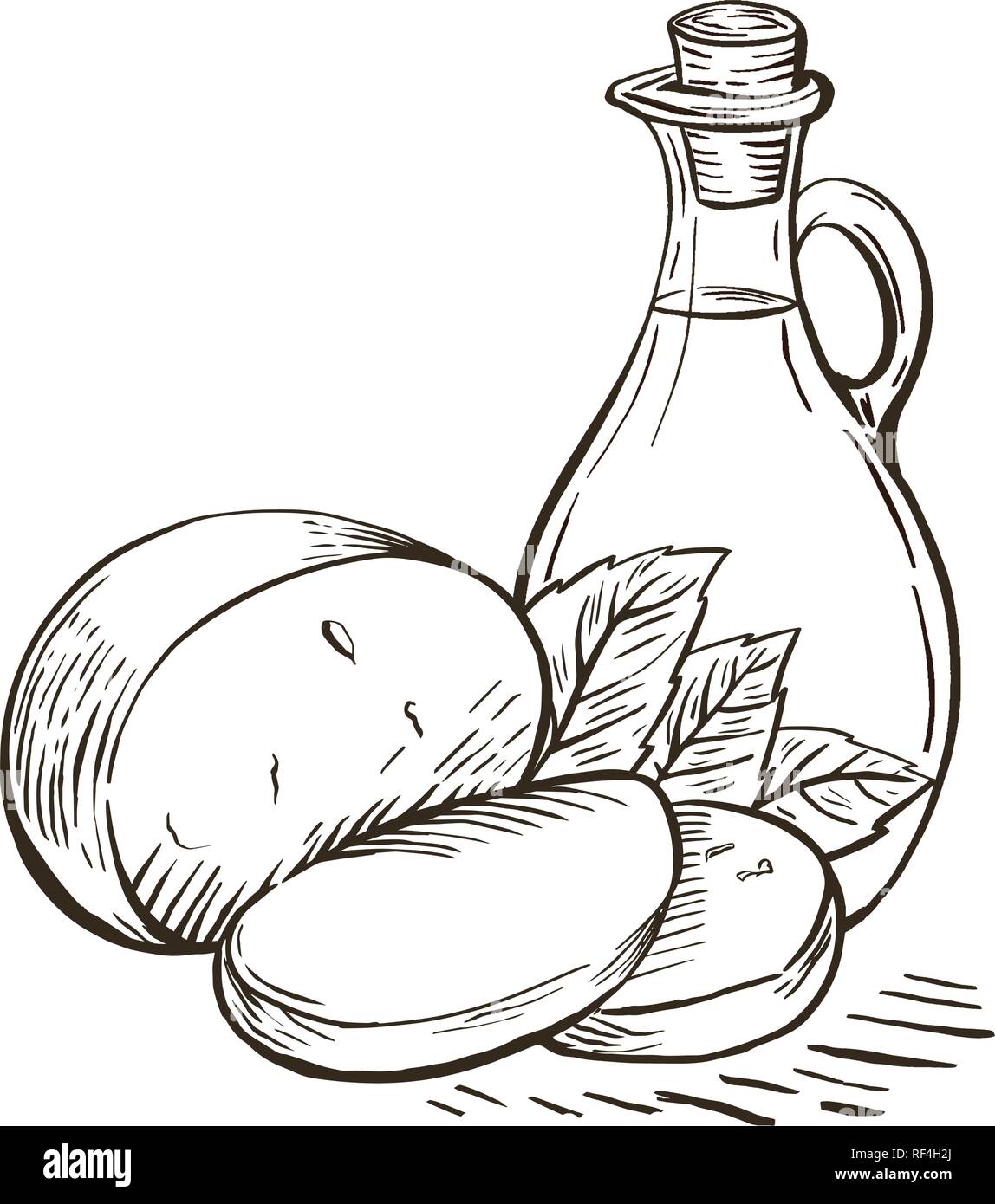 Olive Oil In Glass Bottle With Cheese Mozzarella And Basil Leaves Italian Food Hand Drawn Design Element Vintage Vector Engraving Illustration For Logotype Poster Web Stock Vector Image Art Alamy