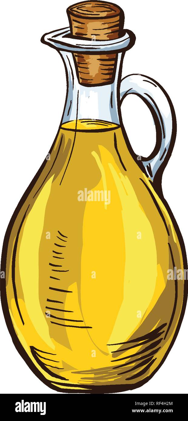 Bottle and Jug glass of liquid with cork stopper. Olive oil. Hand drawn design element. Vintage black and color vector engraving illustration for logotype, poster, web. Isolated on white background. Stock Vector