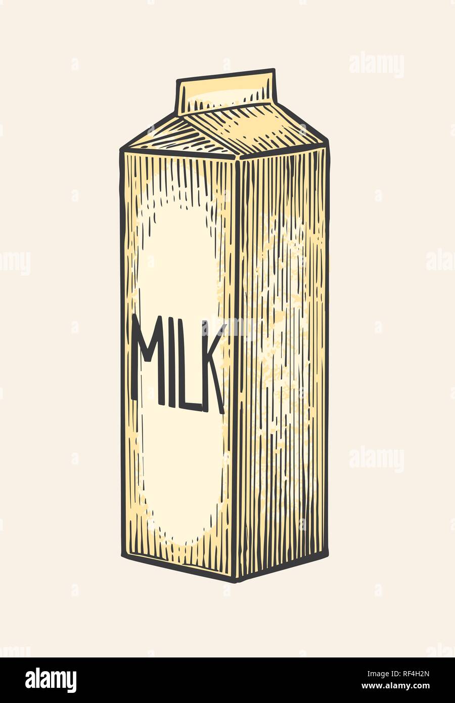 Milk box carton package. Vector engraving vintage illustration. Stock Vector